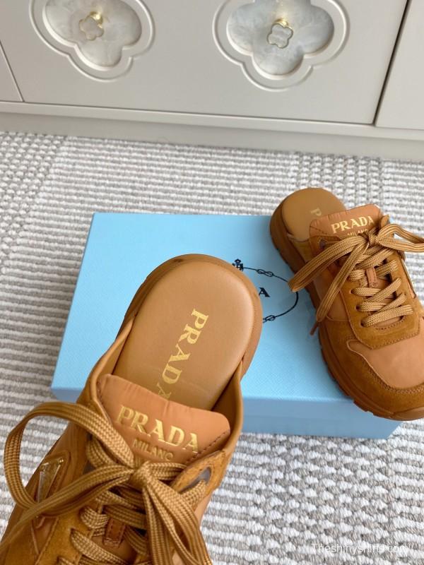 2025 Women Prada Brown Leather Suede Sneakers