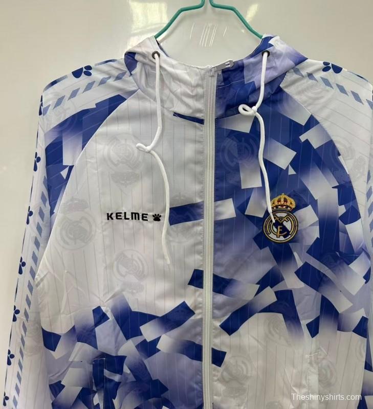 25/26 Real Madrid White with Blue Geometric Pattern Windbreaker